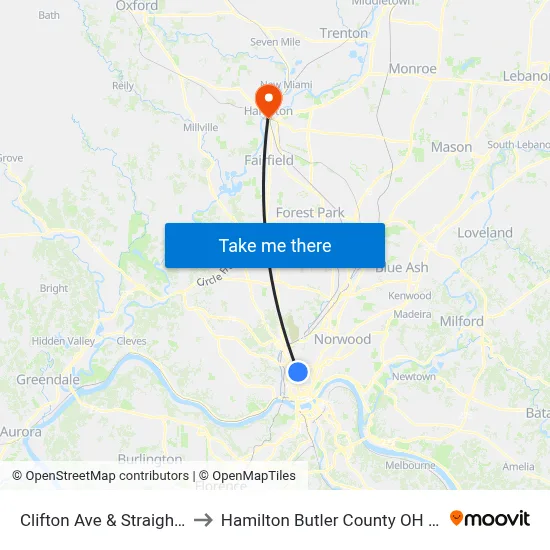 Clifton Ave & Straight St to Hamilton Butler County OH USA map