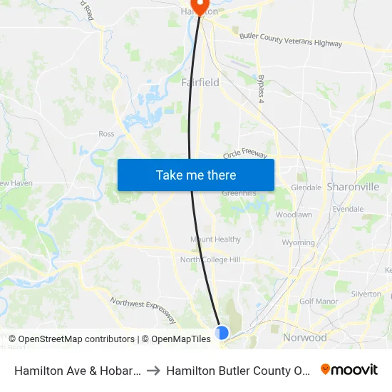 Hamilton Ave & Hobart Ave to Hamilton Butler County OH USA map