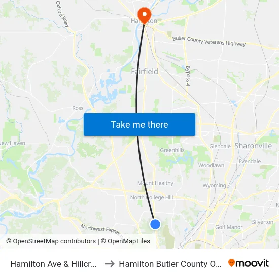 Hamilton Ave & Hillcrest Rd to Hamilton Butler County OH USA map