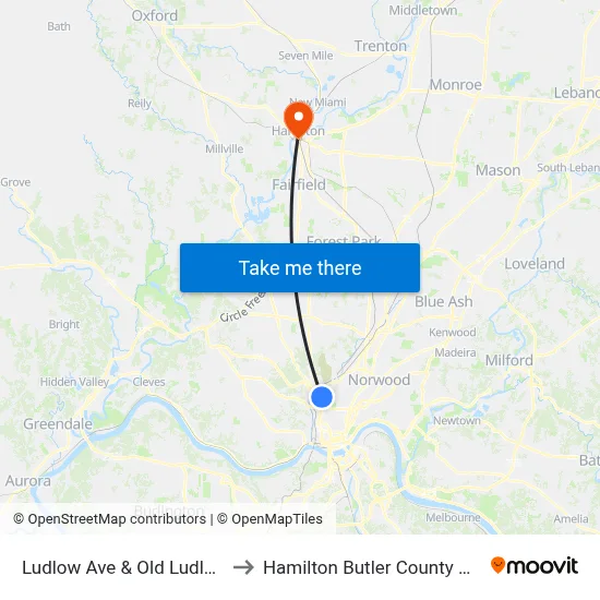 Ludlow Ave & Old Ludlow Ave to Hamilton Butler County OH USA map