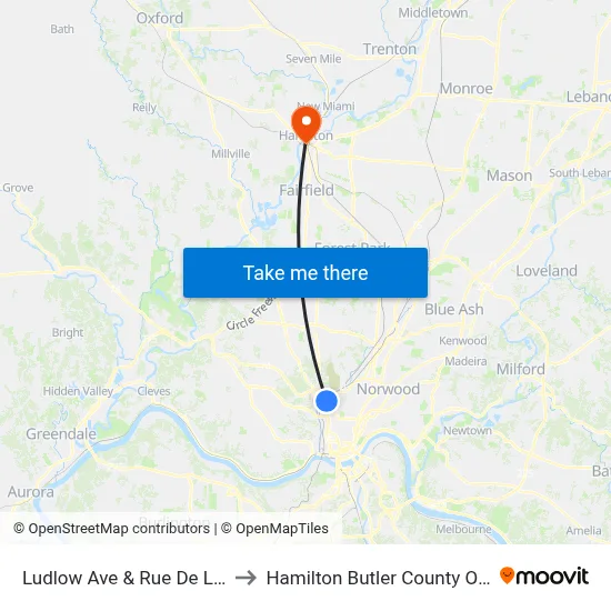 Ludlow Ave & Rue De La Paix to Hamilton Butler County OH USA map