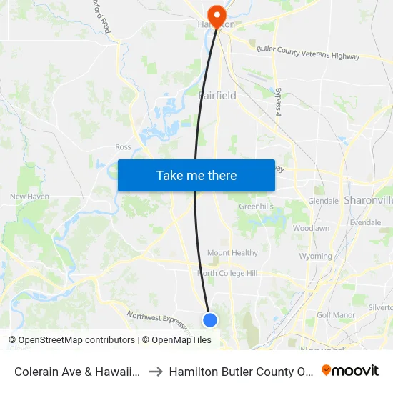 Colerain Ave & Hawaiian Ter to Hamilton Butler County OH USA map