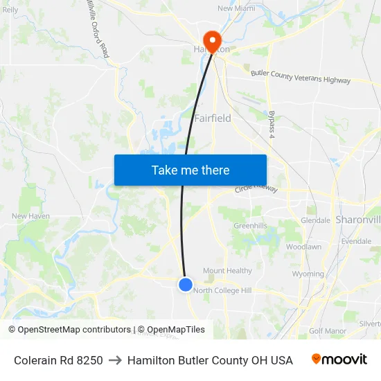 Colerain Rd 8250 to Hamilton Butler County OH USA map