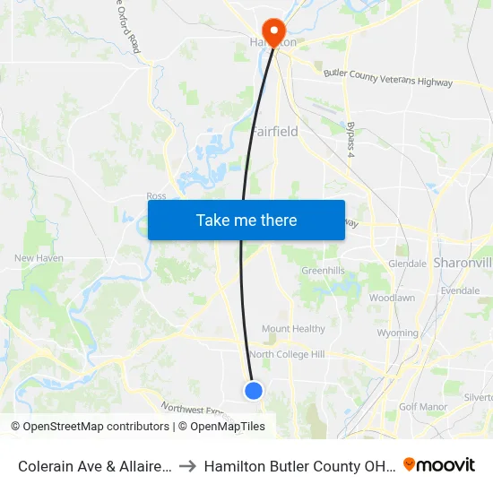 Colerain Ave & Allaire Ave to Hamilton Butler County OH USA map