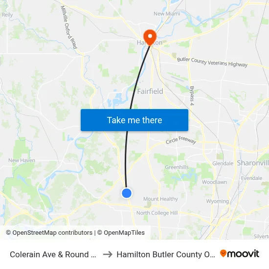 Colerain Ave & Round Top Dr to Hamilton Butler County OH USA map