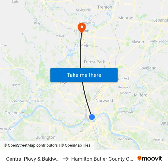 Central Pkwy & Baldwin Aly to Hamilton Butler County OH USA map