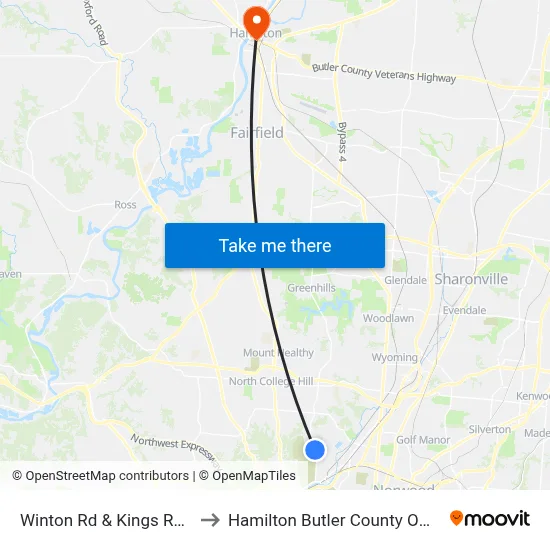 Winton Rd & Kings Run Dr to Hamilton Butler County OH USA map