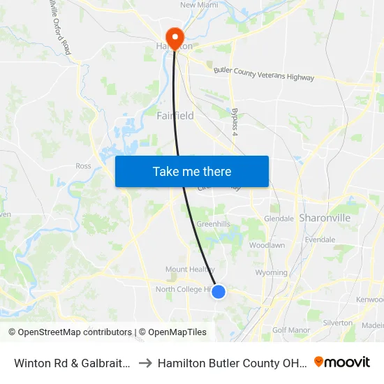 Winton Rd & Galbraith Rd to Hamilton Butler County OH USA map