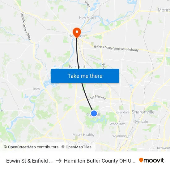 Eswin St & Enfield St to Hamilton Butler County OH USA map