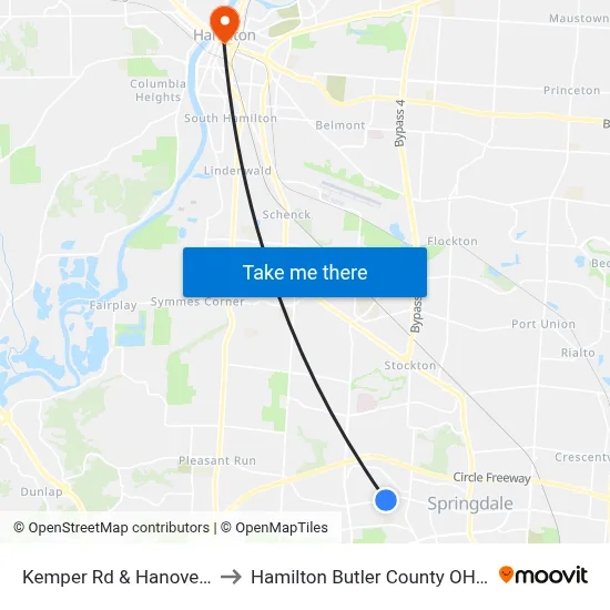 Kemper Rd & Hanover Rd to Hamilton Butler County OH USA map