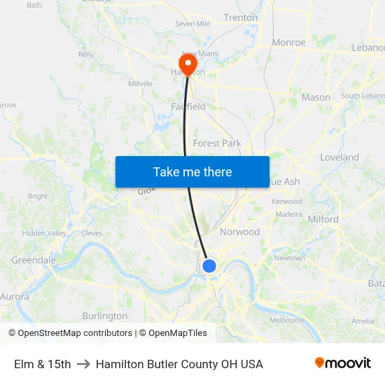 Elm & 15th to Hamilton Butler County OH USA map