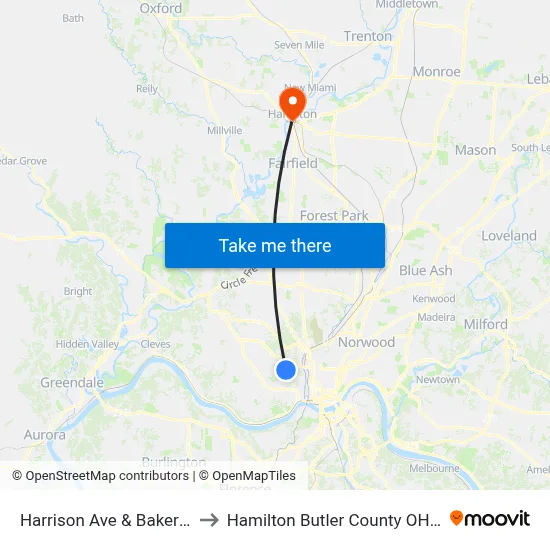 Harrison Ave & Baker Ave to Hamilton Butler County OH USA map