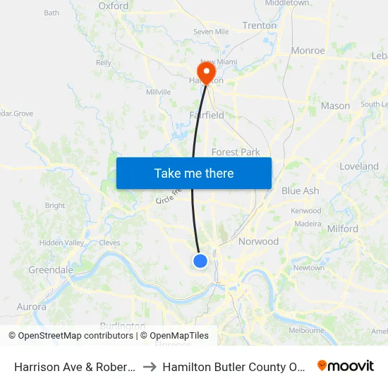 Harrison Ave & Robert Ave to Hamilton Butler County OH USA map