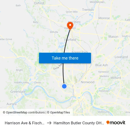 Harrison Ave & Fischer Pl to Hamilton Butler County OH USA map