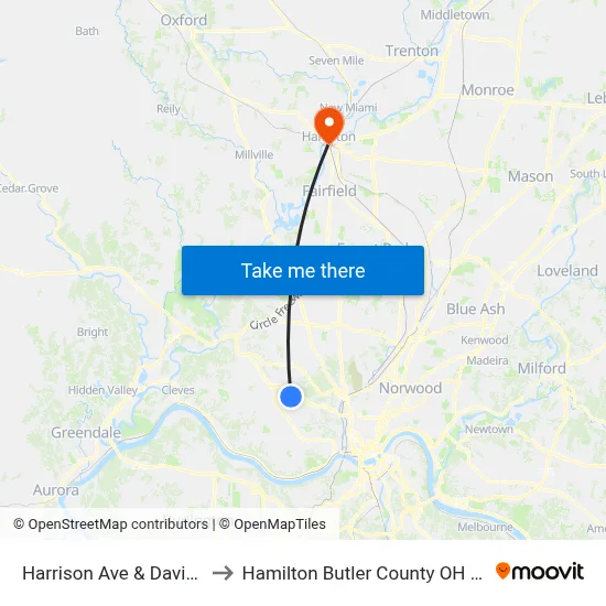 Harrison Ave & Davis St to Hamilton Butler County OH USA map