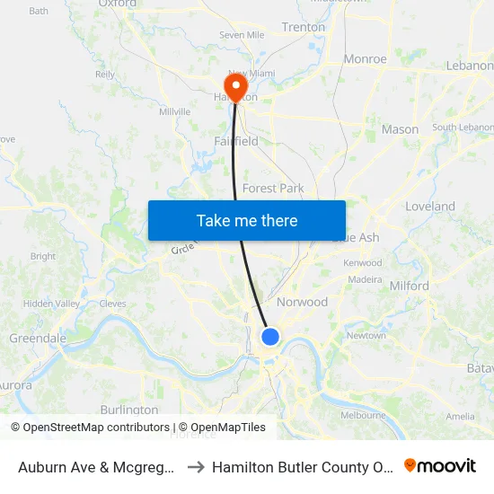 Auburn Ave & Mcgregor Ave to Hamilton Butler County OH USA map