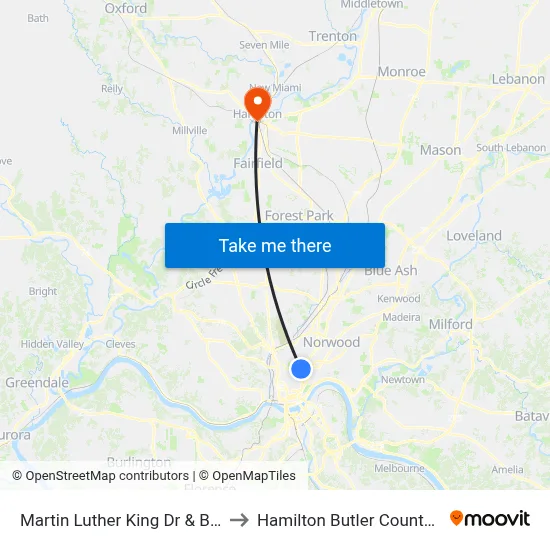 Martin Luther King Dr & Burnet Ave to Hamilton Butler County OH USA map
