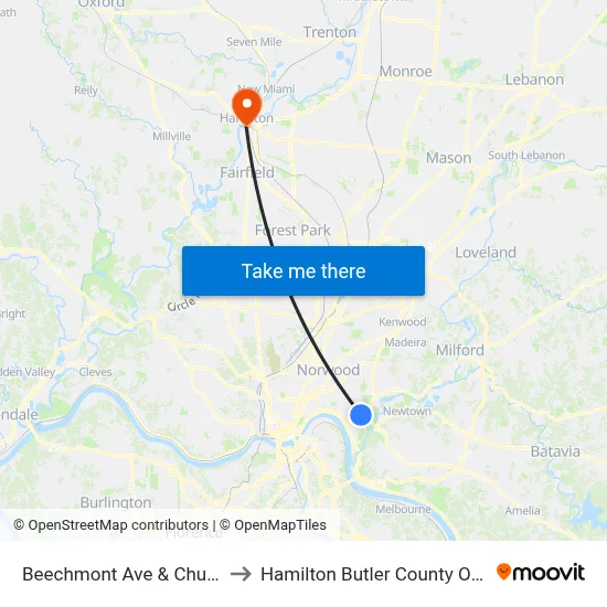 Beechmont Ave & Church Pl to Hamilton Butler County OH USA map