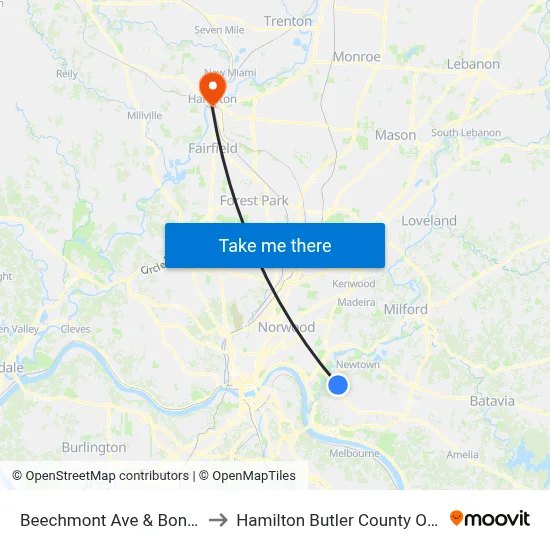 Beechmont  Ave & Bonnie Dr to Hamilton Butler County OH USA map