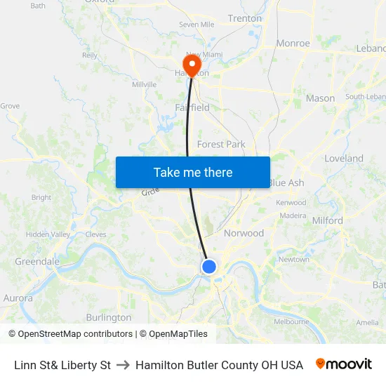 Linn St& Liberty St to Hamilton Butler County OH USA map