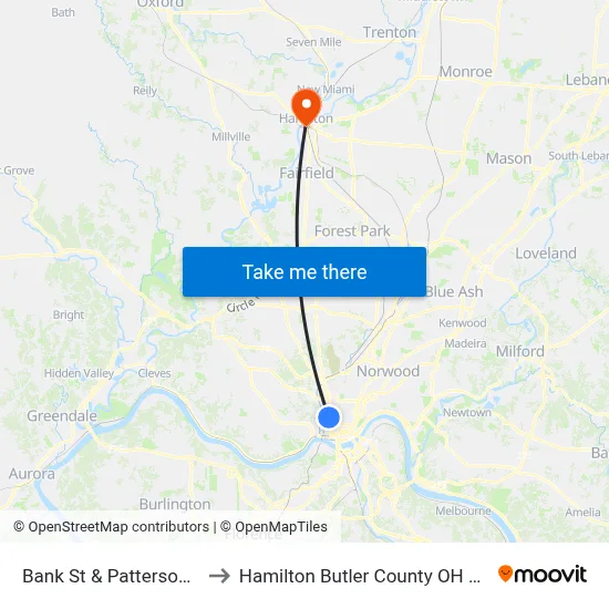 Bank St & Patterson St to Hamilton Butler County OH USA map