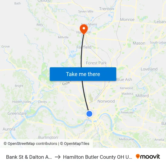 Bank St & Dalton Ave to Hamilton Butler County OH USA map