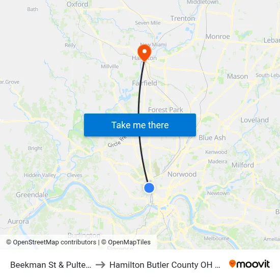 Beekman St & Pulte St to Hamilton Butler County OH USA map