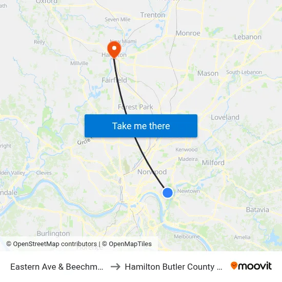 Eastern Ave & Beechmont Ave to Hamilton Butler County OH USA map