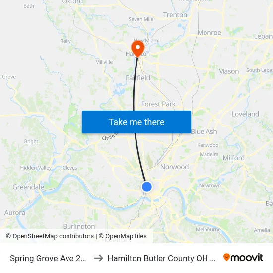 Spring Grove Ave 2138 to Hamilton Butler County OH USA map