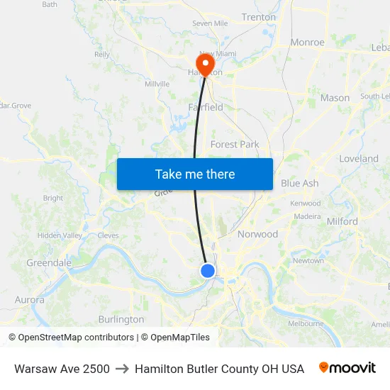 Warsaw Ave 2500 to Hamilton Butler County OH USA map