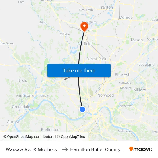 Warsaw Ave & Mcpherson Ave to Hamilton Butler County OH USA map