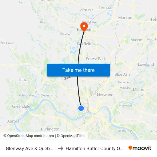 Glenway Ave & Quebec Rd to Hamilton Butler County OH USA map