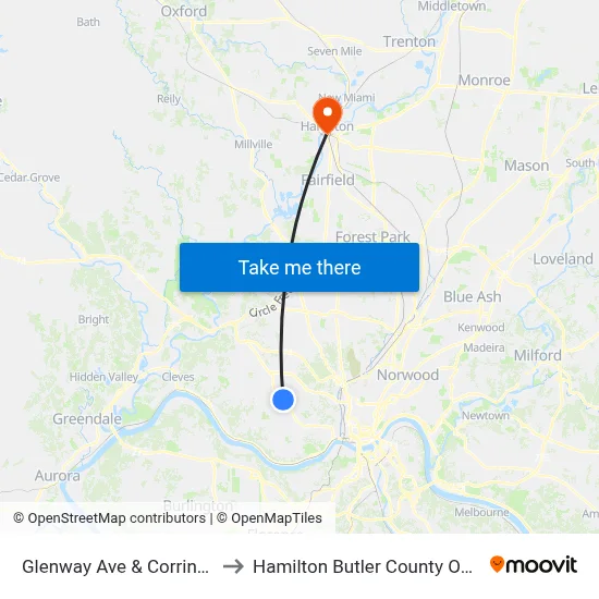 Glenway Ave & Corrine Ave to Hamilton Butler County OH USA map
