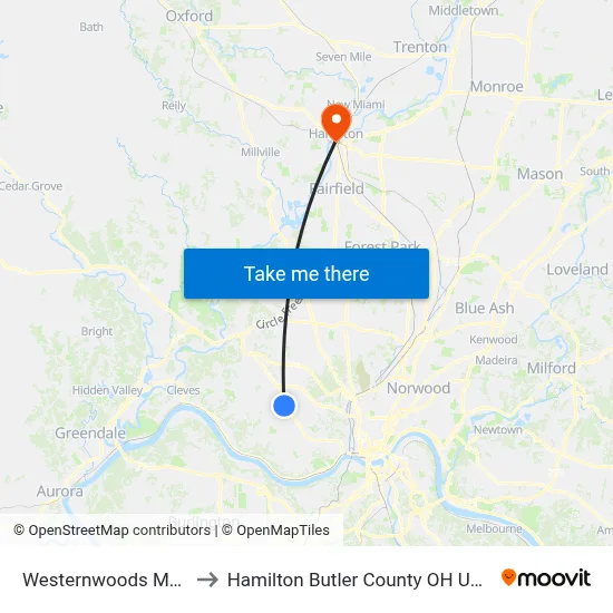 Westernwoods Mall to Hamilton Butler County OH USA map