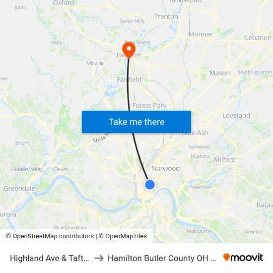 Highland Ave & Taft Rd to Hamilton Butler County OH USA map
