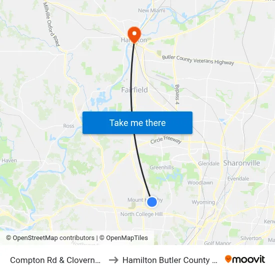 Compton Rd & Clovernook Ave to Hamilton Butler County OH USA map