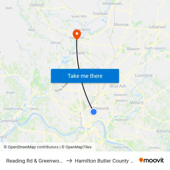 Reading Rd & Greenwood Ave to Hamilton Butler County OH USA map