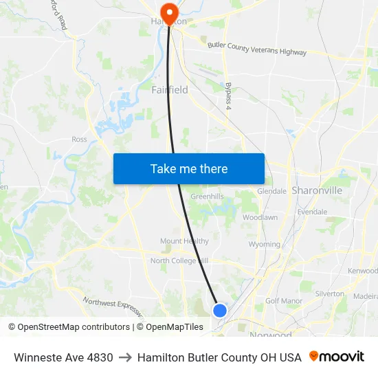 Winneste Ave 4830 to Hamilton Butler County OH USA map