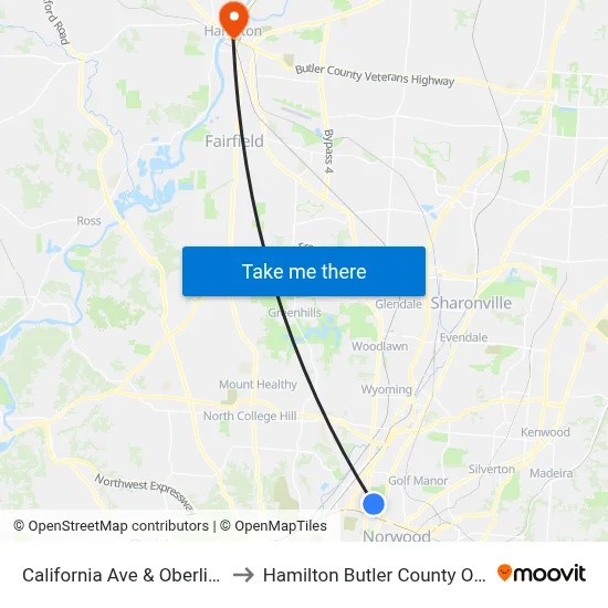 California Ave & Oberlin Blvd to Hamilton Butler County OH USA map