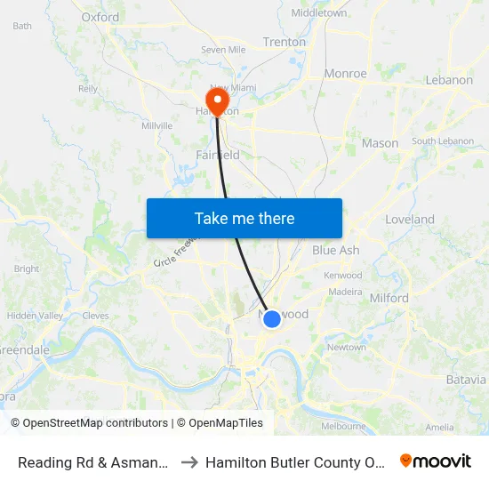 Reading Rd & Asmann Ave to Hamilton Butler County OH USA map