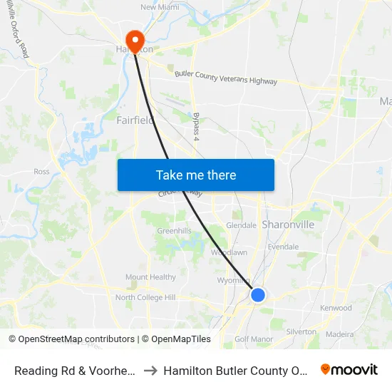 Reading Rd & Voorhees St to Hamilton Butler County OH USA map