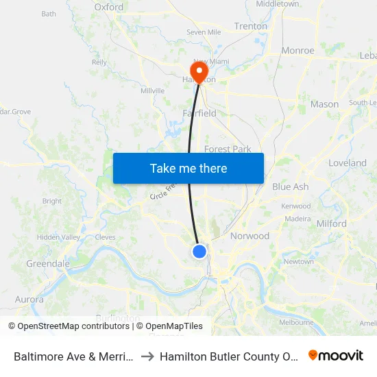 Baltimore Ave & Merrill Ave to Hamilton Butler County OH USA map