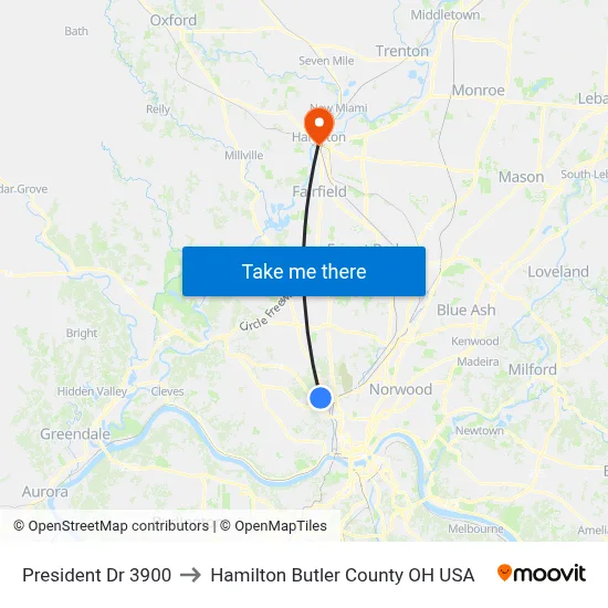 President Dr 3900 to Hamilton Butler County OH USA map