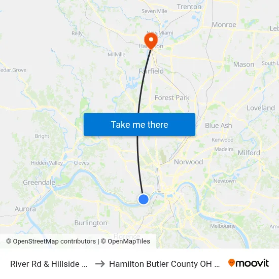 River Rd & Hillside Ave to Hamilton Butler County OH USA map