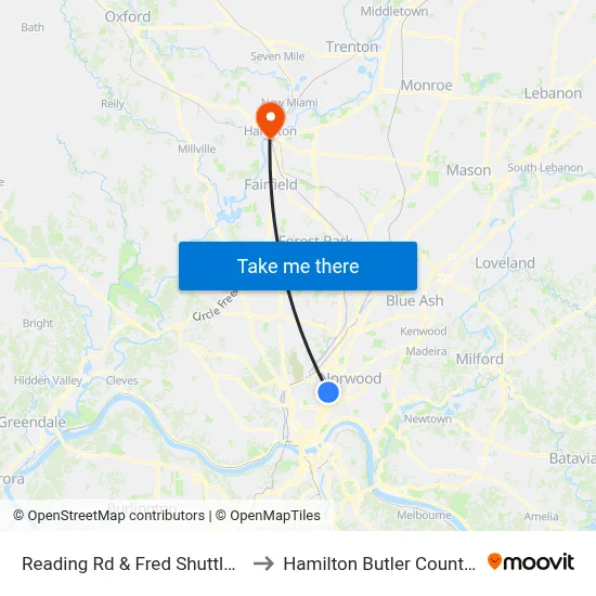 Reading Rd & Fred Shuttlesworth Cir to Hamilton Butler County OH USA map