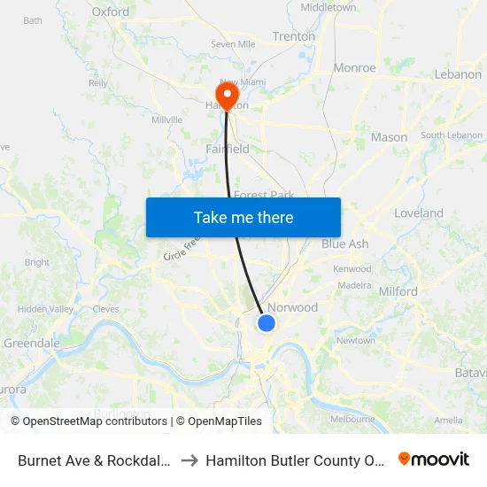 Burnet Ave & Rockdale Ave to Hamilton Butler County OH USA map