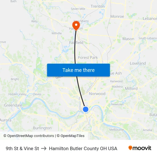 9th St & Vine St to Hamilton Butler County OH USA map