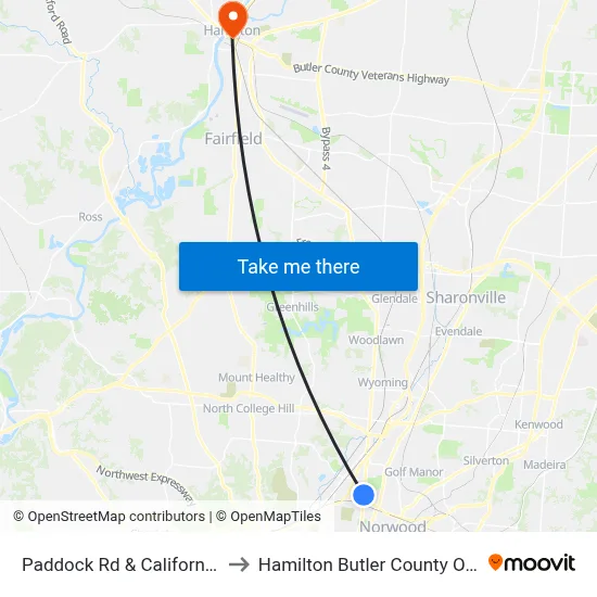 Paddock Rd & California Ave to Hamilton Butler County OH USA map