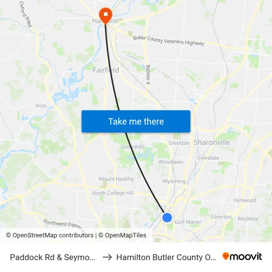 Paddock Rd & Seymour Ave to Hamilton Butler County OH USA map