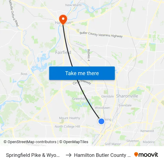 Springfield Pike & Wyoming Ave to Hamilton Butler County OH USA map